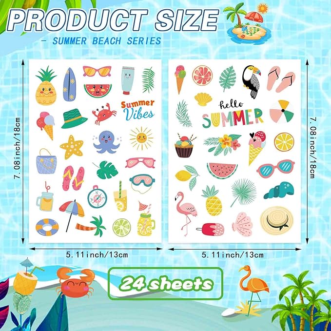 24 Sheets Summer Stickers Pool Beach Luau Hawaii Sun Stickers Hello Summer Ocean Beach Stickers, Watermelon Beer Ice Cream Pineapple Sticker, Summer Theme Family School Classroom Party Favor
