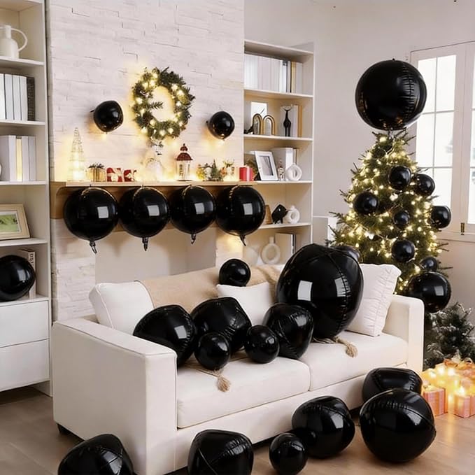 12 Pcs Black Foil Balloons, 22" 15" 10" 4D Round Ball Shape Balloons, Different Size Metallic Black Balloons for Graduation Birthday Wedding Baby Shower Prom Disco Party decorations Backdrop