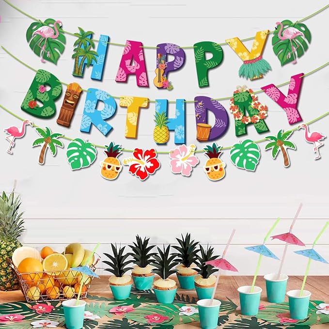 Hawaiian Birthday Banner,3 Packs Hawaiian Happy Birthday Banner,Hawaiian Birthday Party Decorations