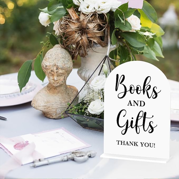 Baby in Bloom Shower Decorations, Baby Shower Sign, Newborn Gifts, Books and Gifts Signs, Modern Calligraphy Arched Acrylic Table Top Signs With Stand for Birthday Party Decorations (White)