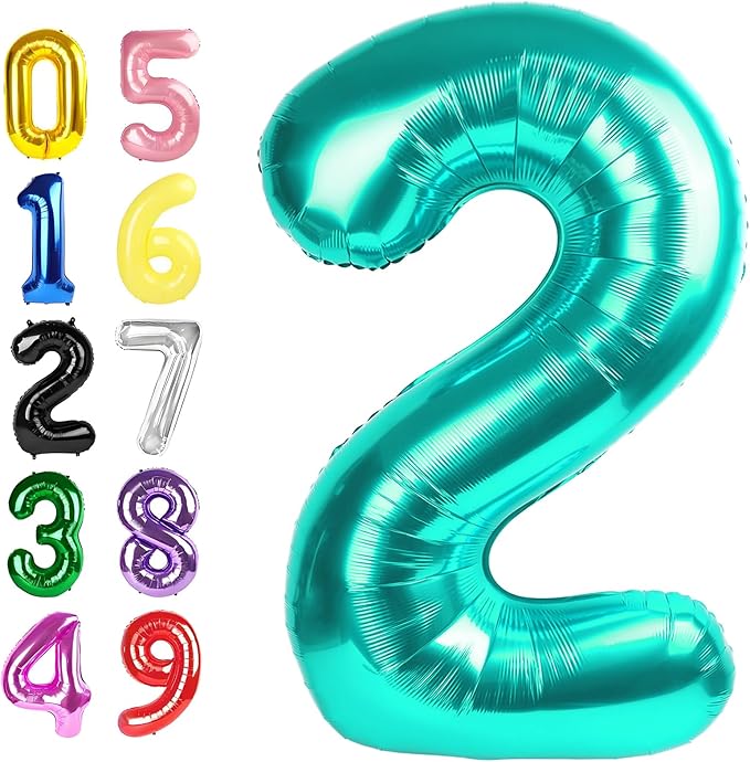 40 Inch Birthday Number Balloons, Blue-Green Numbers Balloon for Birthday Party Decoration, Foil Number 2 Ballon for 2, 12, 20, 22, 2026 Celebration, Graduation, Baby Shower, Anniversary Decor
