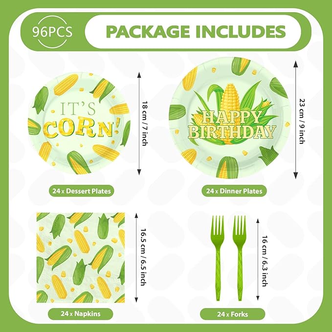 96 Pcs Cute Corn Birthday Party Decorations Vegetable Party Decorations Plates and Napkins Yellow Glitter Tableware Favors for Baby Shower Boys Girls Happy Birthday Party Supplies, Serves 24
