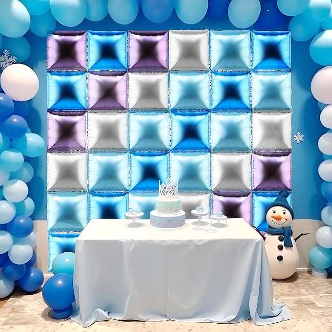 36 Pcs Winter Birthday Party Decorations Balloons Princess Snowflake Blue Purple Silver Brick Square Foil Balloon Wall Arch Kit Backdrop Double Sided Metallic Cartoon Party Supplies