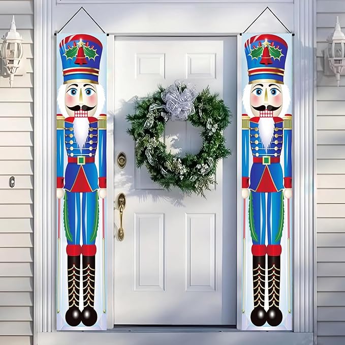 Christmas Nutcracker Door Banner 12x71 Inch Soldier Couplets Decoration for Front Porch Holiday Entryway Outdoor Xmas Wall Decor with Red Blue Toy Guard Design