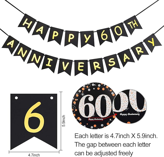 60th Anniversary Decorations Kit - Gold Glitter Happy Anniversary Banner, 9Pcs Sparkling Hanging Swirl, 6Pcs Poms - For 60th Wedding Party Decorations
