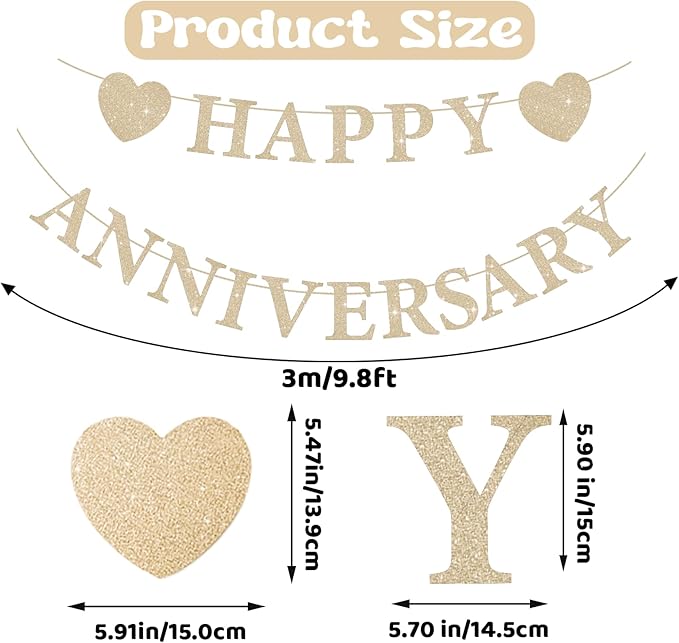Pre-Strung Wedding Anniversary Decorations Romantic, Gold Glitter Happy Anniversary Banner, Couples Shower Decorations for Happy Wedding Reception Day Bridal Shower Party