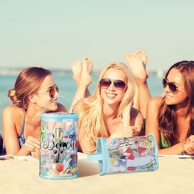 Sanwuta Beach Gifts Heavy Duty Clear Lotion Toiletry Bags for Travel Sunscreen Makeup Cosmetic Pouch Cylinder Bag Waterproof Portable Trip Bag with Handle Zipper(Beach Please)