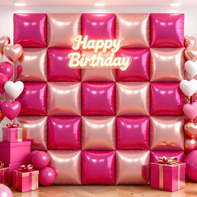 50Pcs Hot Pink and Rose Gold Square Foil Balloons Wall Backdrop, Double Sided Metallic Foil Balloons Tunnel Arch Garland Kit for Photo Booth Birthday Wedding Halloween Christmas Party Decorations