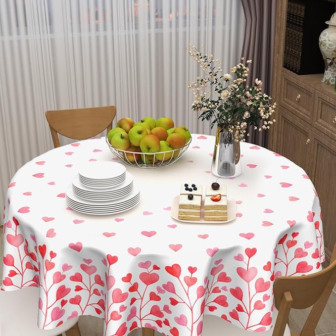 Valentine's Day Round Tablecloth 70 Inch Heart Pattern Circle Table Cloth Pink and White Table Cover Washable Polyester Indoor Decorations for Home Kitchen Dinning Party