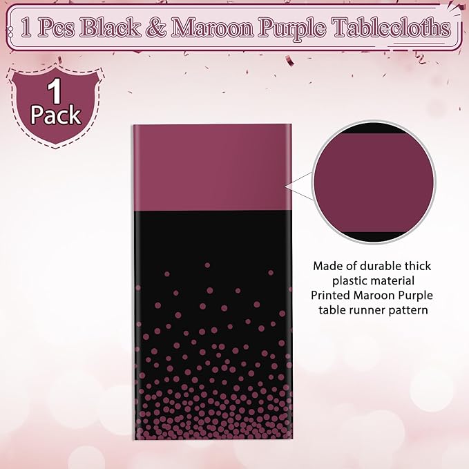 1Pcs Black and Maroon Tablecloth Party Decorations,Plastic Black Table Cloth Printed Maroon Table Runner Disposable Rectangle Table Cover for Birthday Wedding Graduation Anniversary Party,54x108Inch