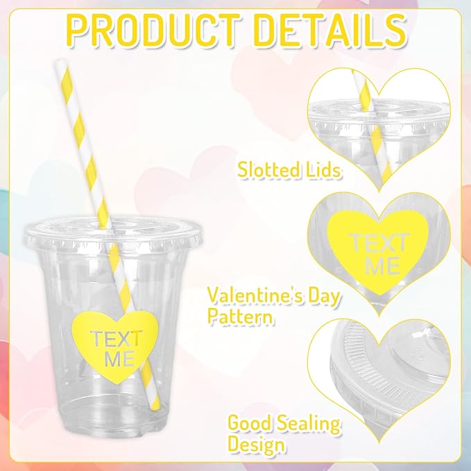 Whaline 60 Sets Valentine's Day Disposable Plastic Cups with Lids and Straws 12oz Conversation Heart Theme Party Cups Candy Heart Beverage Drinking Cup for Anniversary Wedding Birthday Dinner