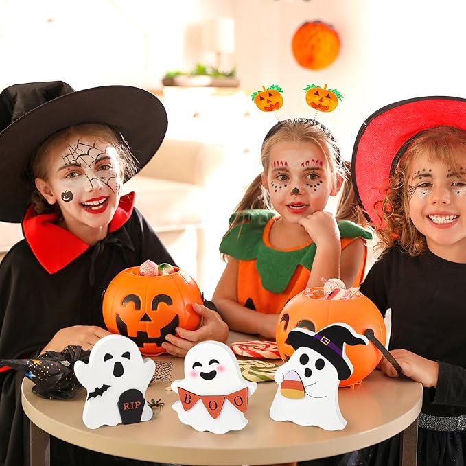 COCHIE Cute Ghost Halloween Decorations Indoor, Wooden Tiered Tray Decor Table Sign Set of 3, Black Cat Bat Witch Broom Signs Pumpkin Blocks for Party Home Shelf Display (B-Ghost)