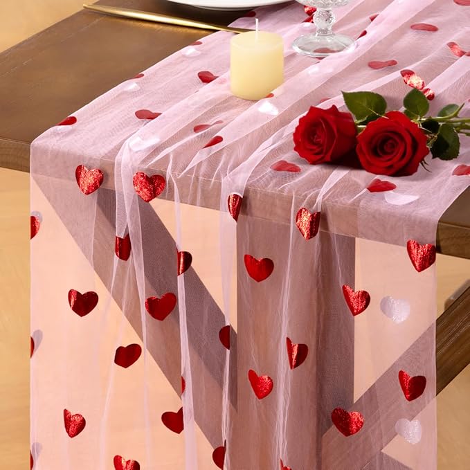 Socomi Valentine's Day Red Heart Table Runner Gauze Sheer Romantic Sequin 10FT Glitter Metallic Foil Dining Wedding Birthday Party Baby Shower Holiday Centerpiece Table Decor Pink