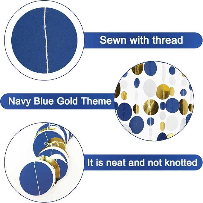 GCQQ 52Ft Blue Gold Circle Garlands Royal Blue Paper Polka Dot Streamer Garland Glitter Circle Dots Hanging Garland for Ramadan Graduations Nautical Ahoy Achor Pirate Party Decoration