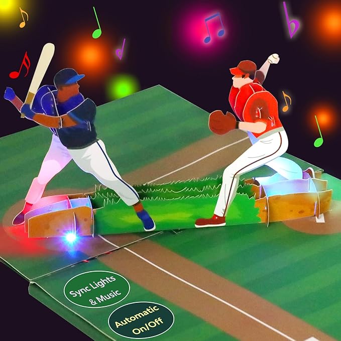 Magic Ants Musical 3D Pop-Up Baseball Card, Plays "Happy Birthday to You" Tune, Light-Up Baseball Scene with Batting & Pitching Players, Interactive Greeting Card for Baseball Fans, Players, Coaches, Collectors