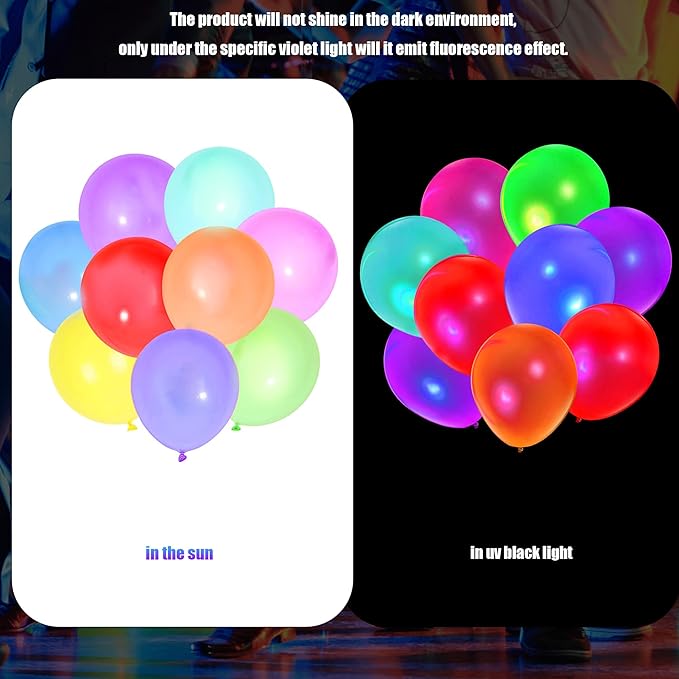 150 Pcs UV Neon Balloons, 7 Colors Blacklight Reactive Fluorescent Balloons Glow in the Dark Birthday Decorations for Birthday, Wedding, Neon Party, Glow Party Decorations Supplies
