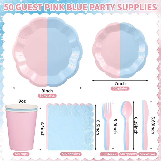 350 Pcs Baby Gender Reveal Party Supplies Include Scalloped Plate Napkin Cup Forks Knives, Light Pink and Light Blue Plastic Cutlery 50 Guest Disposable Party Tableware Set for Baby Shower