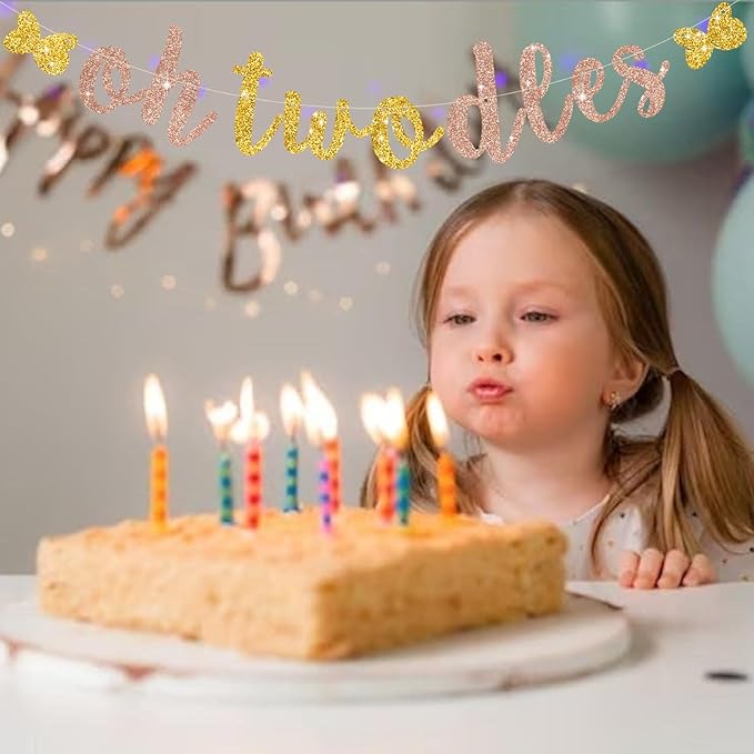 Glitter Rose Gold Oh Twodles Banner Pre-Strung Mouse Themed Cartoon Party Sign Garland 2nd Baby Birthday Decorations Birthday Party Supplies for Boys Girls,NO DIY