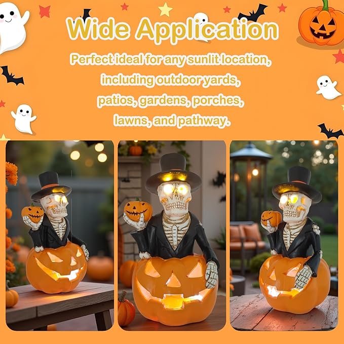 Solar Outdoor Decorations Wizard Skeleton with Pumpkin Figurine Lights, Fall Pumpkin Garden Decor for Yard Patio Porch, LED Skull Gothic Party Accessories, Home Gift for Mardi Gras Shrove Tuesday