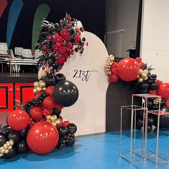Red Black Gold Balloons Arch Kit 144pcs 18/12/10/5inch Red Black Metallic Gold Latex Balloon Garland for Casino Theme Party Wedding Backdrop New Year Birthday Graduation Hollywood Party Decorations