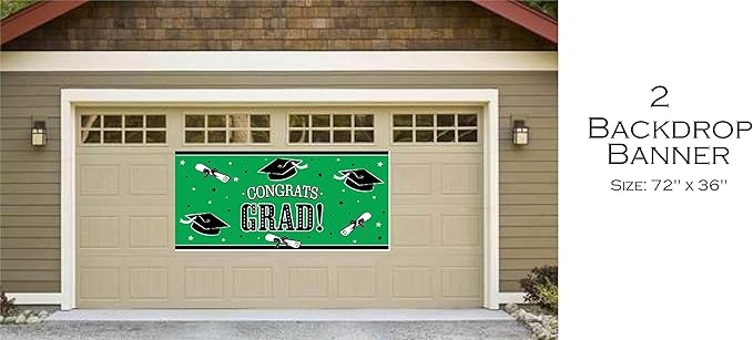 Serves 30 | Ultimate Party Pack | Congrats Grad Green Party Supplies | 9" Dinner Paper Plates | 7" Dessert Paper Plates | 9 oz Cups | 3 Ply Napkins | 2 Table Cover | 20 Photo Props | 12 Swirls | 30