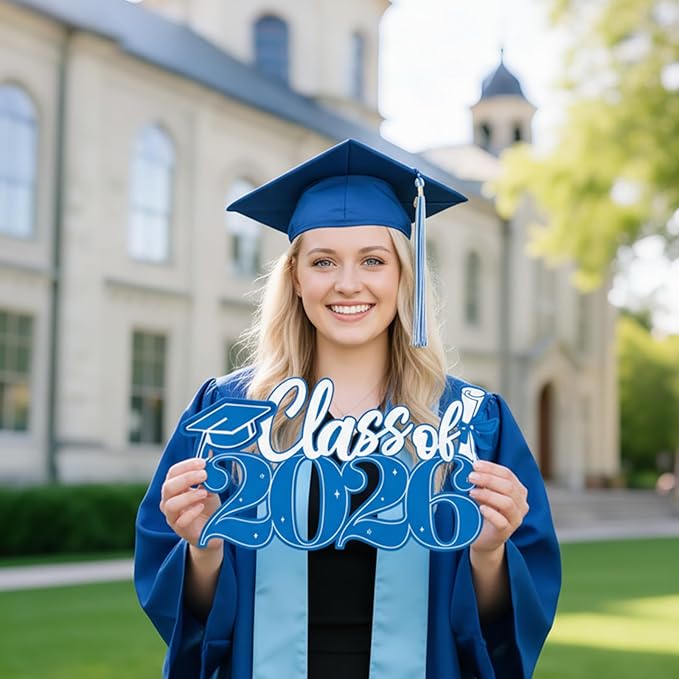2026 Graduation Signs Decorations, 7 Pcs Class for 2026 Wooden Sign Graduation Party Photo Booth Prop, Wood Cutout High School College Graduation Ceremony Decor Supplies (Blue & White)