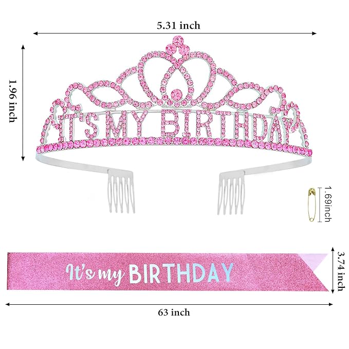CAVETEE Birthday Crowns for Women - Its My Birthday Sash and Crown Set for Adult Women - Party Decorations and Gifts (Pink)