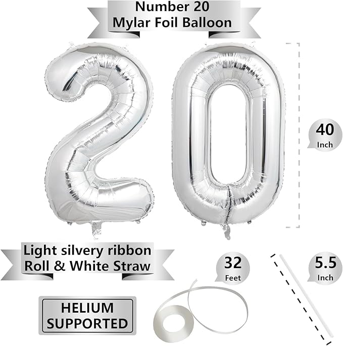 Number Balloons Silver Party Balloon - Giant Number 20 Balloon, 40 Inch Large Balloon for 20th Birthday Decorations, Silver Party Supplies for Anniversary