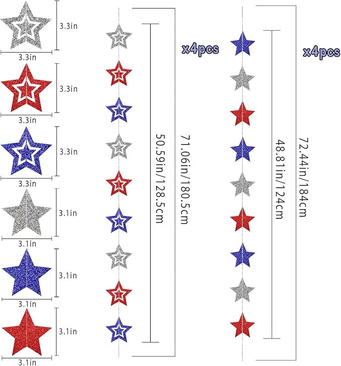 8 Pack Patriotic Star Banner Garland - Glitter Red White Blue Hanging String Garlands for 4th of July, Memorial Day, Independence Day, Veterans Day Party, Holiday Decorations, Labor Day, Party Decor