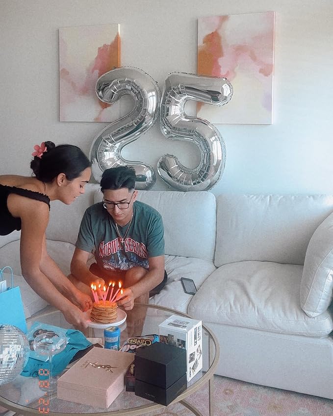 Silver Number 25 Balloon 40 inch, 25 Number Balloons, 25th Silver Birthday Decorations, 25 Year Old Women Men Silver Party Supplies