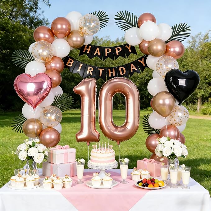 10th Birthday Decorations for Girls - Rose Gold, Black and Hot Pink Double Digits Party Supplies Set with Happy 10th Banner, Number 10 Balloons and Foil Fringe Curtains - 10 Year Old Celebration Kit