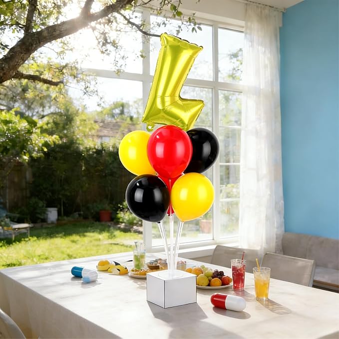 Cartoon Party Balloons Stand Kit 2 Sets With 2 Yellow Lightning Foil Balloons Centerpieces for Tables Video Games Party Red Black Yellow Balloon for Baby Shower Cartoon Game Theme Birthday Decorations