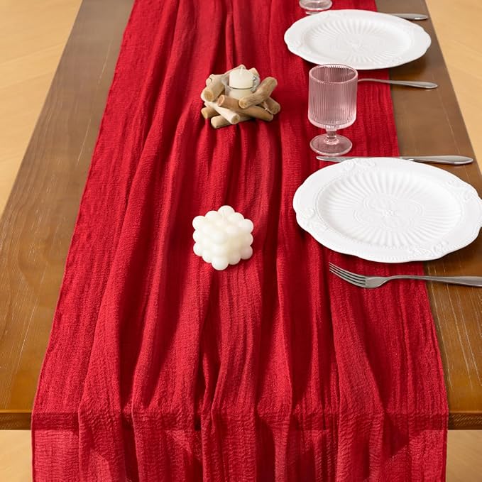 Socomi 3pcs Red Cheesecloth Table Runner Easter Spring Gauze 120 Inch Rustic Boho Cheese Cloth Runner for Wedding Party Baby Bridal Shower Centerpiece Decoration Holiday Home Decorations