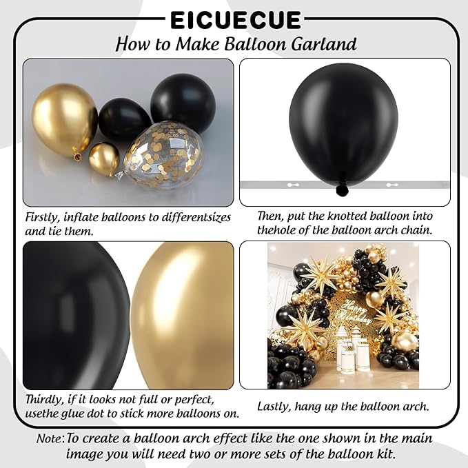 Black and Gold Balloons Garland Arch Kit 200Pcs - 5 10 12 18 22inch Black Gold Confetti Latex Balloons for 2026 New Year Graduation Anniversary Birthday Baby Shower Wedding Party Decorations