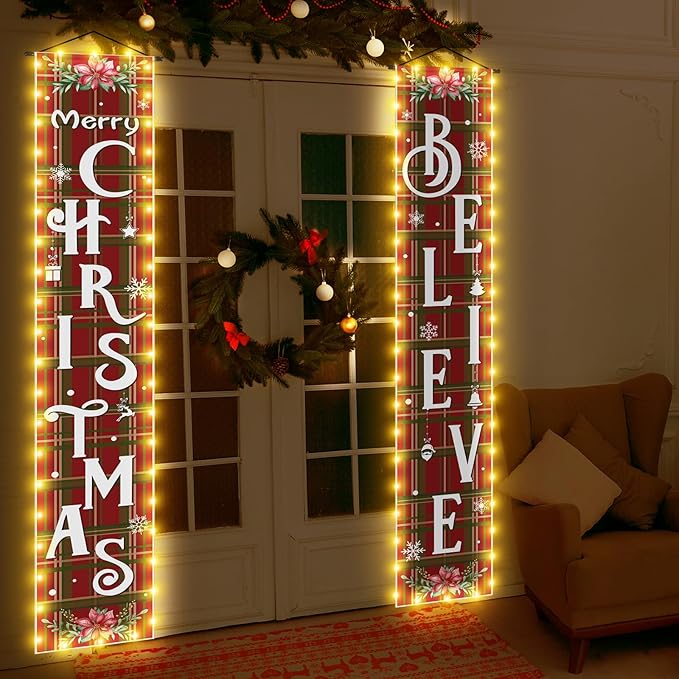 Mixweer 2 Pcs Lighted Christmas Hanging Banner Porch Sign Outdoor Decorations Merry Christmas Believe Yard Sign Red Green Buffalo Plaid Snowflake Porch Banner Xmas Holiday Door Garden Signs