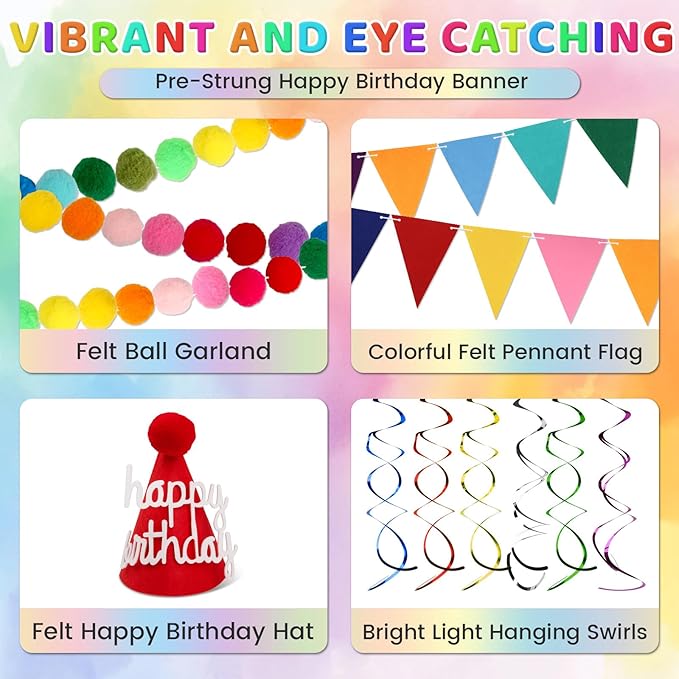 Pre Strung Happy Birthday Banner Set - Felt Ball Garland, Felt Birthday hat and Pennant Flags & Colorful Hanging Swirl, Reusable Rainbow Party Decorations for Kids & Adults