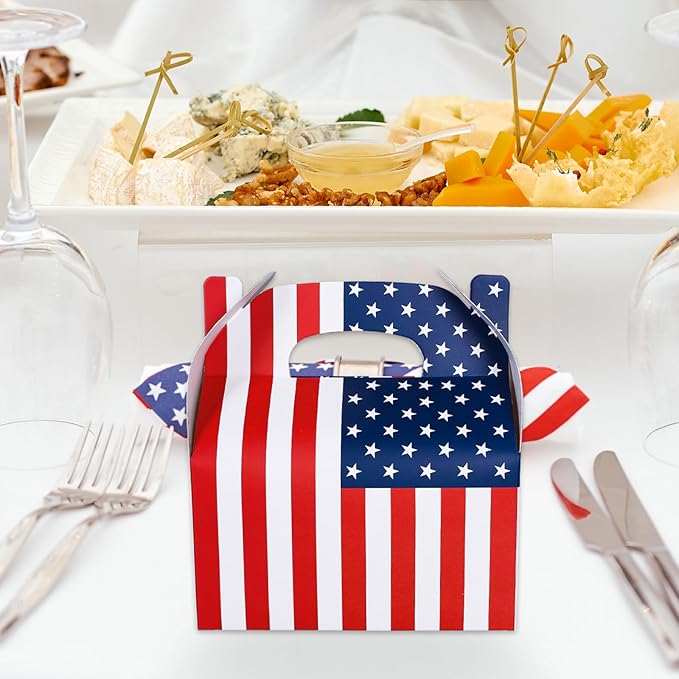 Whaline 12Pcs Patriotic Treat Box with Handle 4th of July American Flag Print Gift Boxes Independence Day Candy Goodie Boxes for Memorial Day Holiday Party Decorations