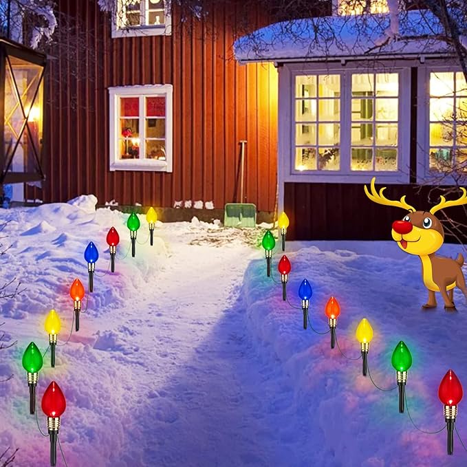 Brightown 4 Pack C9 Christmas Pathway Lights Outdoor, Total 69.6 Ft 40 C9 Pathway Lights, Waterproof Connectable Christmas Walkway Light for Yard Ground Sidewalk Driveway