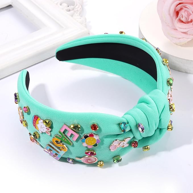Easter Headband Spring Accessories for Women Easter Egg Bunny Knotted Headband Colorful Crystal Top Knot Headbands Spring Hair Accessories Gifts (EASTER-Blue)
