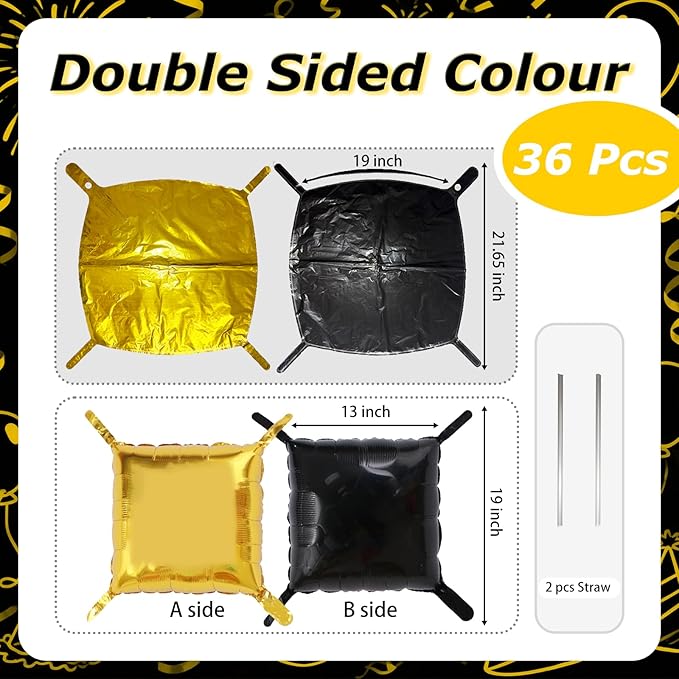 36PCS Square Foil Balloon Wall Backdrop,19 inch Double-Sided Metallic Balloons for Party,Wedding,Anniversary,Birthday,Graduation,Halloween,Shiny Balloon Decor (Gold-Black)