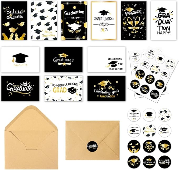 6 Pack Gold Foiled 5x7in 2025 Graduation Cards 2025 with Envelopes and Stickers,6 Elegant Designs Graduation Card Pack