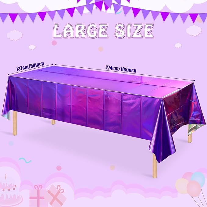 FunnyPars 1 Pack Iridescent Purple Plastic Tablecloths, Shiny Disposable Laser Rectangle Table Covers, Foil Tablecloth Iridescent Party Decorations for Kpop Birthday Bridal Wedding Decor, 54x108 Inch