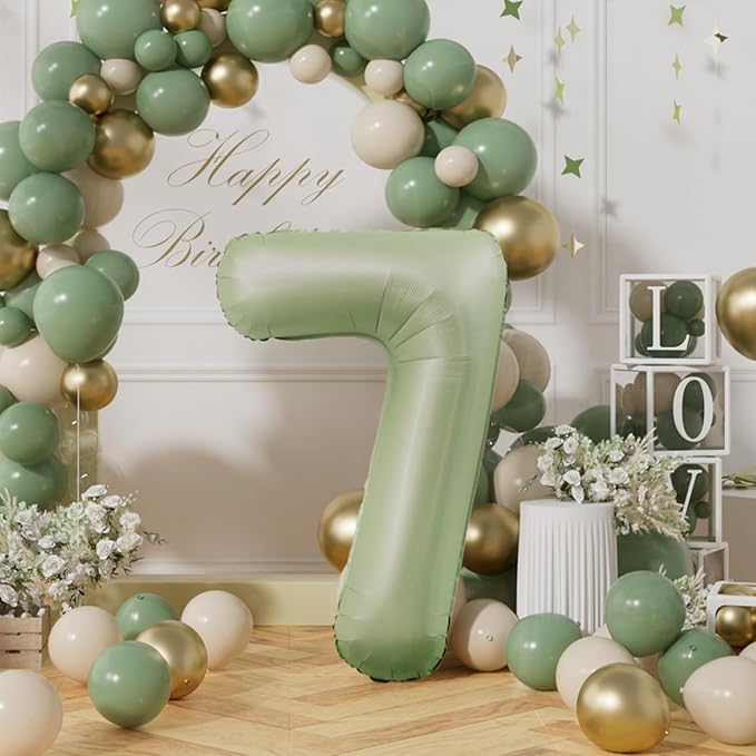 AULE 40 Inch Large 7 Balloon Numbers Sage Green, Big Foil Number Balloons, Giant Helium Happy Birthday Party Decorations for Man and Women, Huge Mylar Anniversary Party Supplies