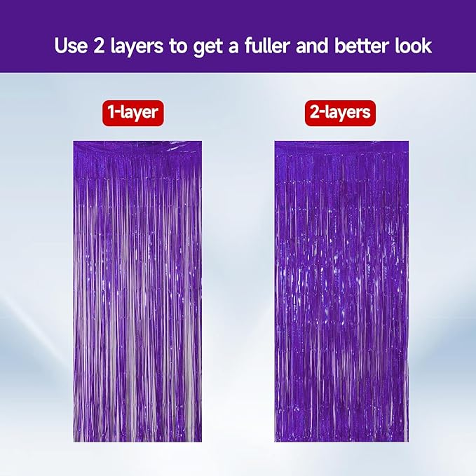 QRabbit 4 Pack Purple Tinsel Foil Fringe Curtains - 3.3x6.6 Ft Metallic Party Streamers Backdrop for Birthday Wedding Christmas Party Decor, Self-Adhesive Photo Booth Wall Door Decorations