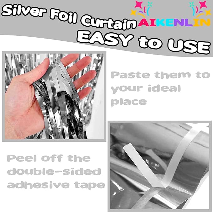 4 Pack 3.3Ft x 6.6Ft Silver Foil Fringe Curtain Backdrop, Metallic Tinsel Foil Fringe Streamers Curtains Background for Photo Booth, Birthday, Wedding, Halloween, Christmas Party Decoration