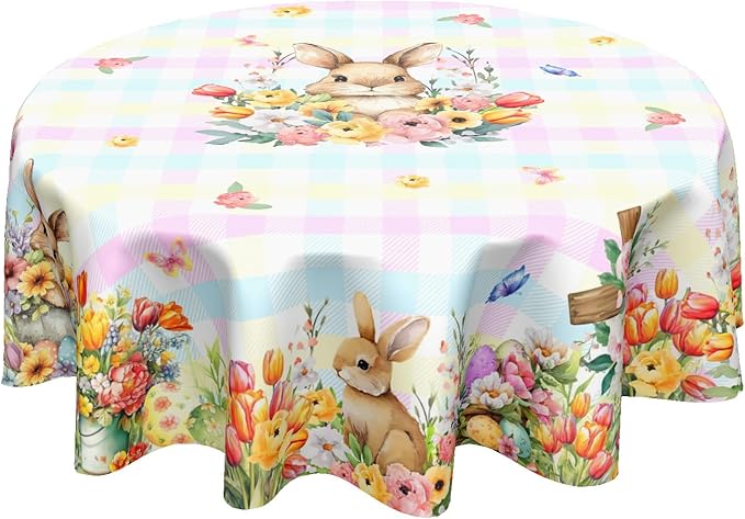 Easter Rabbit Round Tablecloth Pink Blue Pliad Circle Table Cloth 70 Inch Farmhouse Floral Table Cover Washable Polyester Indoor Decorations for Home Kitchen Dinning Party