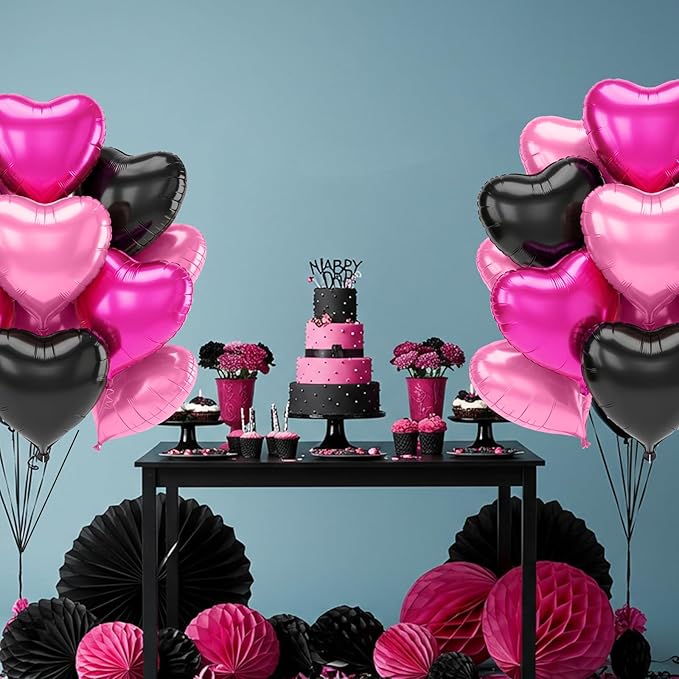 TONIFUL 30Pcs 18 Inch Black Pink Hot Pink Balloons Heart Shape Foil Mylar Banners Decoration for Birthday Valentine's Day Wedding Bridal Shower Anniversary Engagement Party Supplies