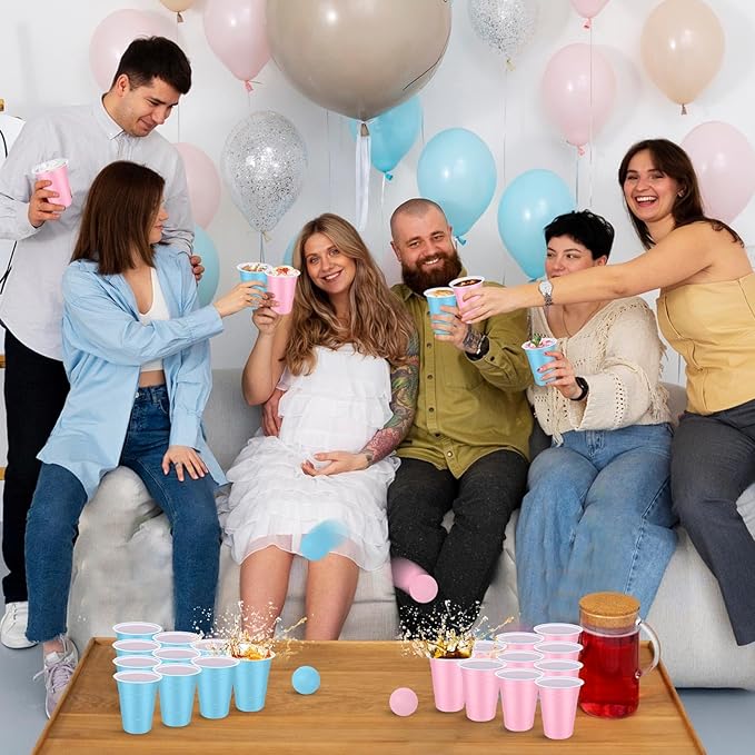 32 Pcs Gender Reveal Party Game Set Include 16oz Pink Blue Plastic Cups with 8 Balls, Cups for Party Decor Juice Beverage Outdoor Toss Game Supplies