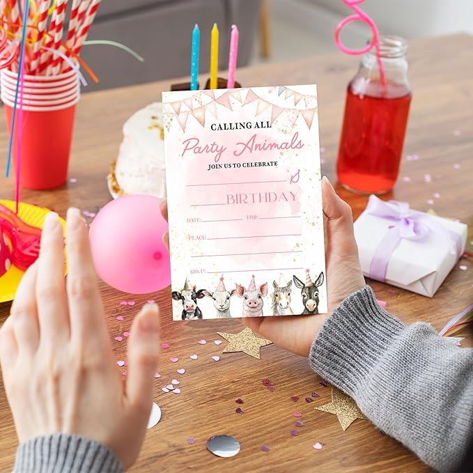 Farm Animals Birthday Party Invitation Cards for Girls Boys, Calling All Party Animals Birthday Celebration Party Invite Cards Supplies, 20 Double-Sided Fill In Invites With Envelopes -05