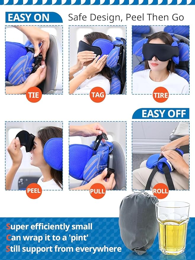 SARISUN Travel Pillows for Airplanes with Sleep Eye Mask, Chin Strap, Airplane Pillow for Long Flights, Car Road Trip, 360° Support Headrest, Stop Bobblehead Travel Essential, Mottled Grey